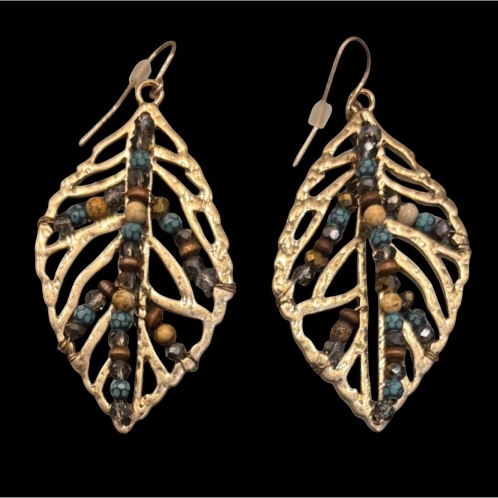 Beaded Leaf Wire Earrings Hand Crafted Jewelry Gold Tone Turquoise Blue Brown